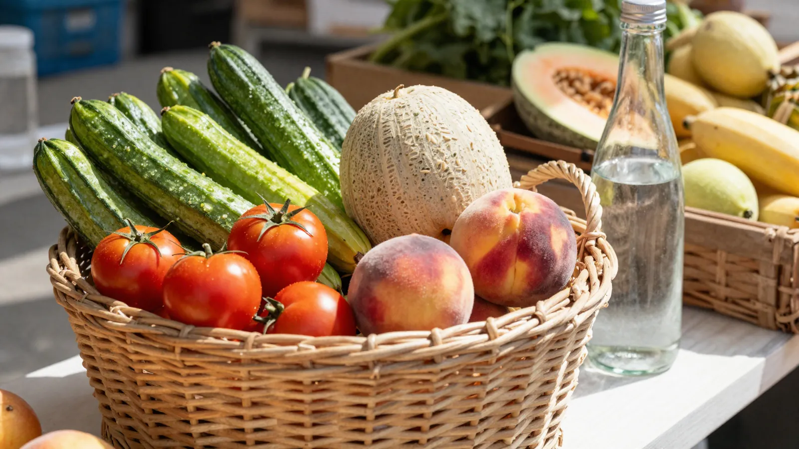 Panier de fruits et légumes d'été sur un marché français avec une carafe d'eau, sous le soleil