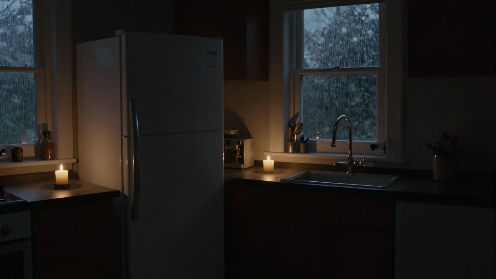 Réfrigérateur fermé dans une cuisine plongée dans la pénombre, éclairée à la bougie, pendant une coupure de courant après un orage