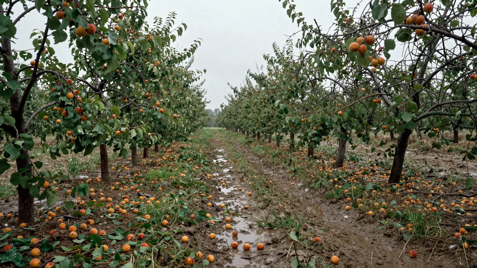 Verger d'abricotiers en France après un orage de grêle, fruits tombés et feuilles déchirées au sol sous un ciel chargé
