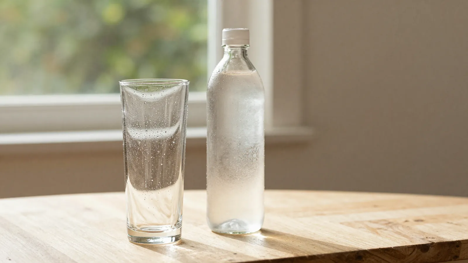 Une carafe d'eau fraîche et une bouteille en plastique posées sur une table de cuisine ensoleillée en été