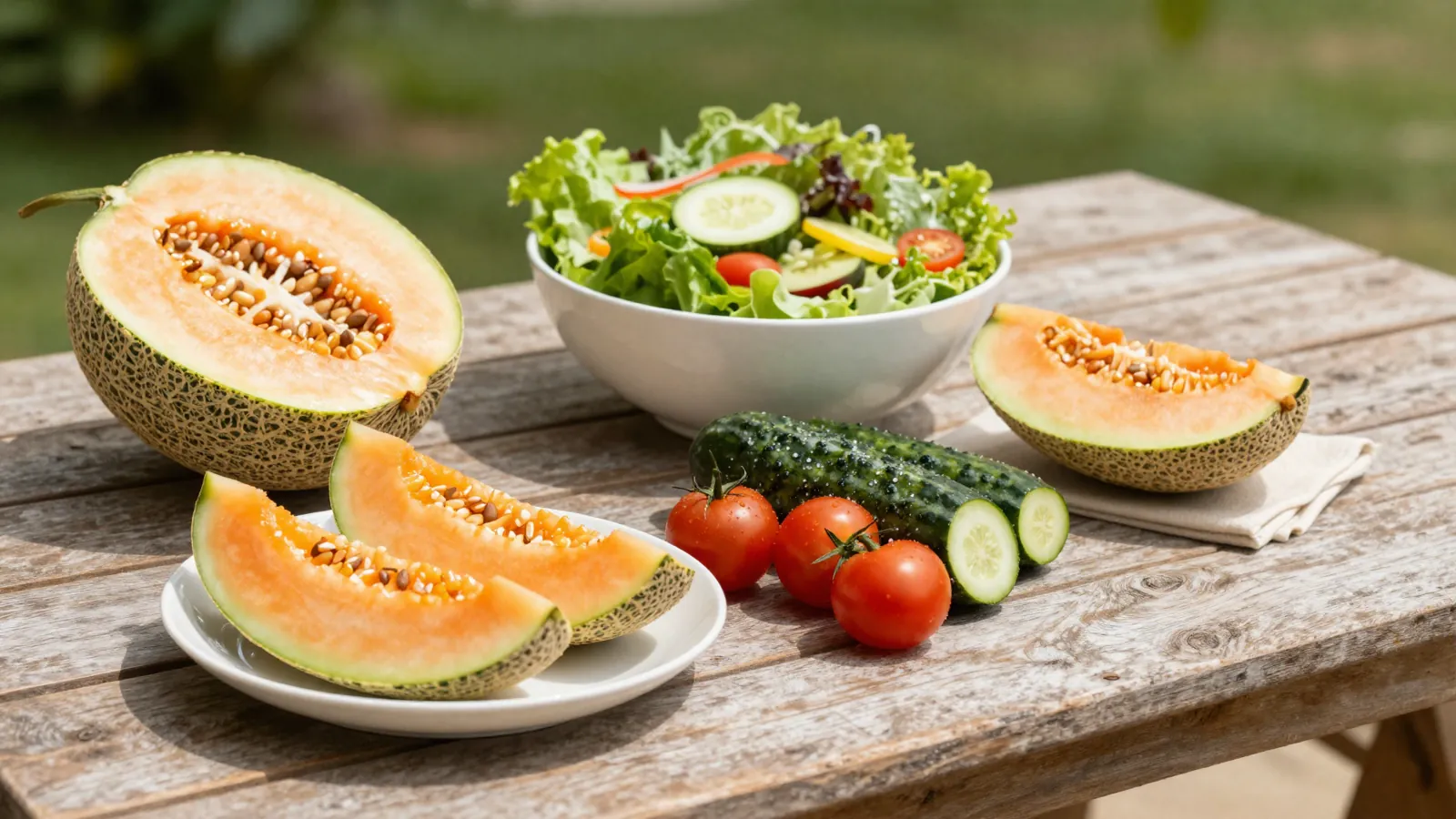 Table d'été avec melon, pastèque, concombre, tomates et salade fraîche sous une lumière estivale